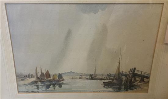 Charles Hannaford Jnr (1887-1972), watercolour, Norfolk wherries at low tide